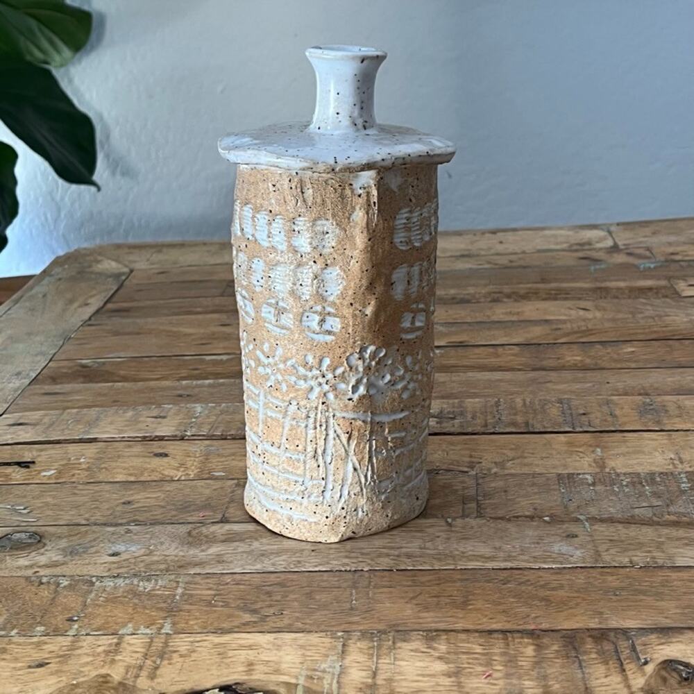 1972 Mid-century Ceramic Flower Vase 9.5" Folk Art Carvings Artist Signed